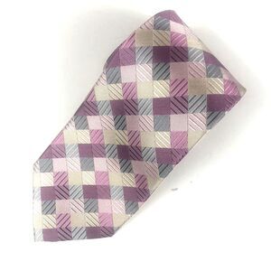 Geoffrey Beene 100% Silk Tie Purple Gray Geometric Squares Pattern Designer Mens